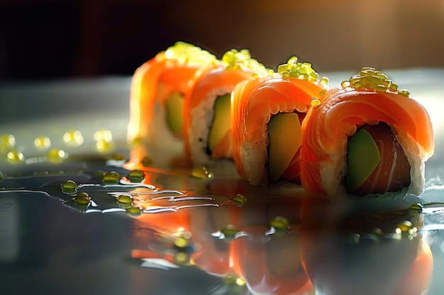 De frisse aantrekkingskracht van sushi rollen met zalm en kaviaar in een close-up afbeelding