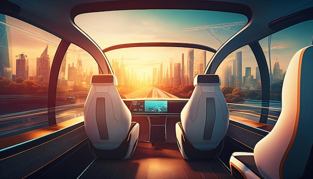 De futuristische autopilot in de cabine van een zelfrijdend autonoom voertuig Generatieve AI en zelfrijdende taxiauto in een moderne stad
