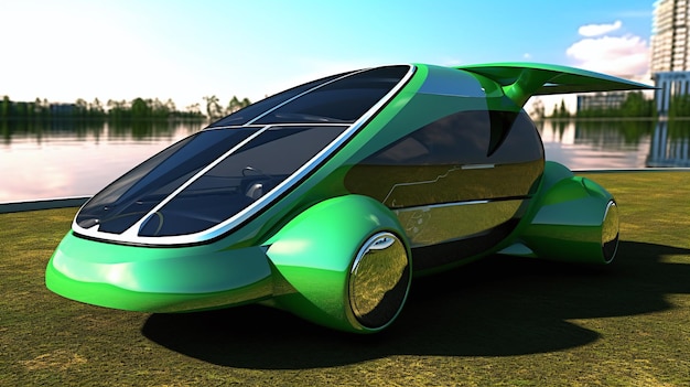 Foto de futuristische groene auto op het weelderige ontwerp van het gebiedsvervoer geeft terug