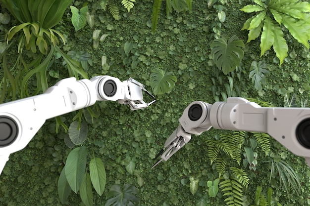 De futuristische robot plant een verticale plantentuin