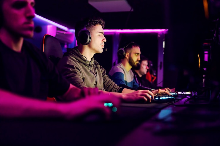 Foto de gamers die videogames spelen in de speelkamer
