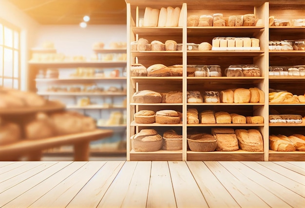 De gang van een bakkerij en de planken in een wazige achtergrond generatieve AI