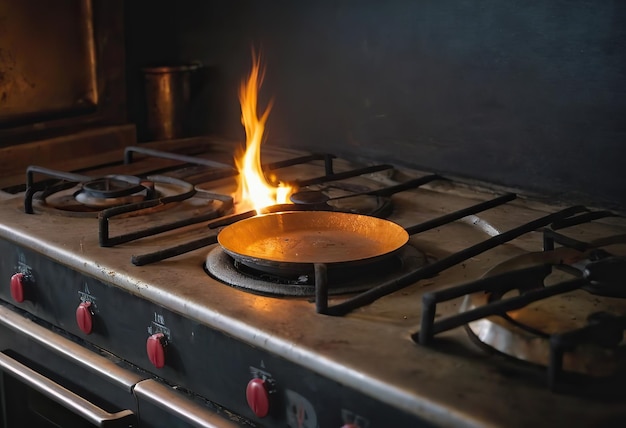 De gasbrander op de vuile kachel is aan Brand van een gasbrander blauwe vlam van de gaskachel comcorder Vuile kaachel