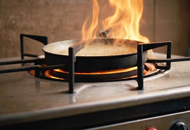 Foto de gasbrander op de vuile kachel is aan brand van een gasbrander blauwe vlam van de gaskachel comcorder vuile kaachel