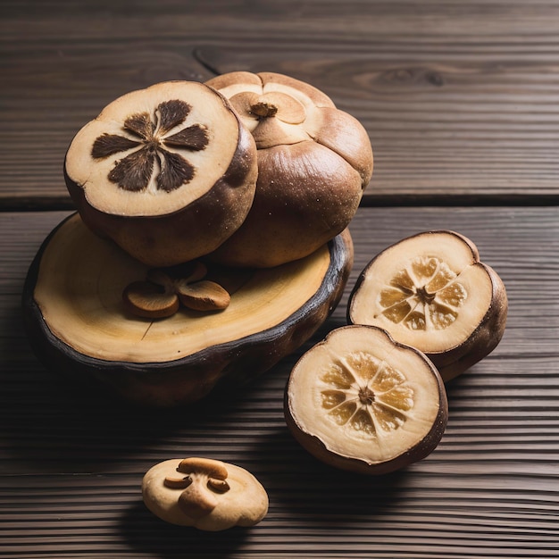 De gedroogde shiitake paddenstoelen op een oude houten tafel