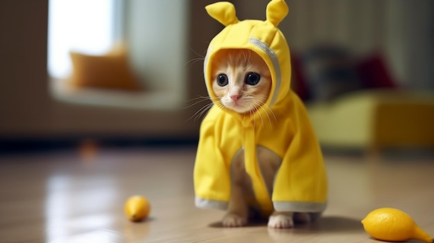 De geelkapje verliefd op een kitten in modieuze kleding