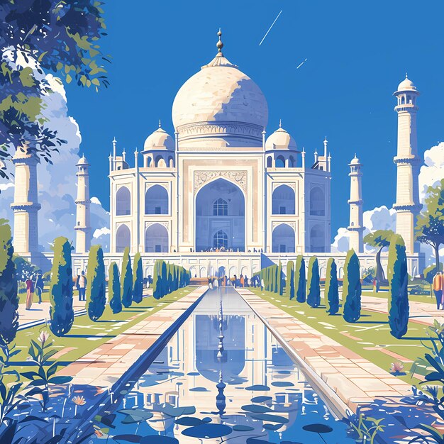 De geïllustreerde Taj Mahal wacht op een iconisch wonder