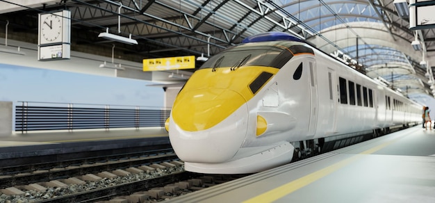 Foto de gele en witte sneltrein naderde het perron in het treinstation.