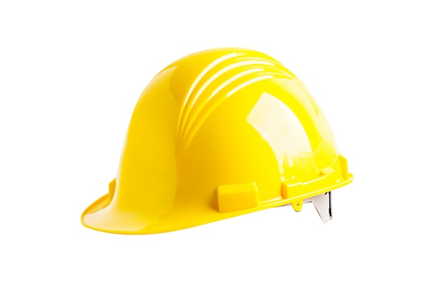De gele helm die op witte achtergrond met het knippen van weg wordt geïsoleerd beschermt aan veiligheid voor ingenieur binnen