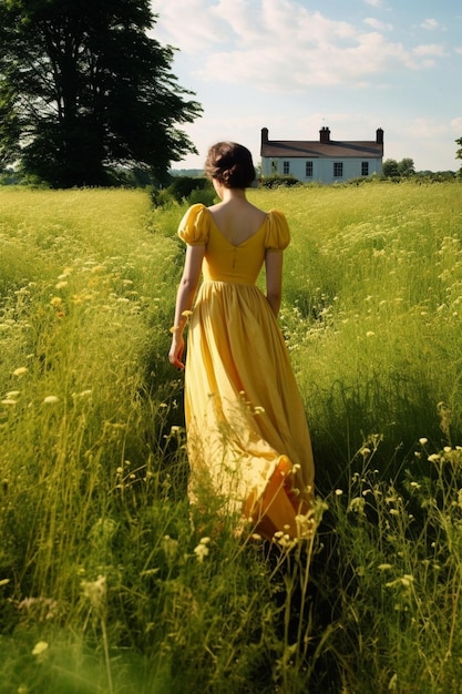 de gele jurk van de dame in de gele jurk