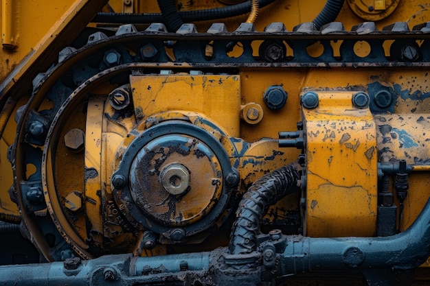 De gele machine heeft veel roest en vuil op.