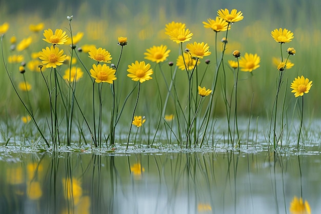 Foto de gele madeliefjes bloeien op de weide en weerspiegelen zich in de vijver.