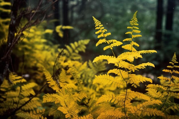 De gele takken van de de herfstvaren in groen bos