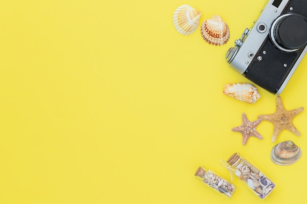 De gele zomerachtergrond met fotocamera schelpen zeesterren