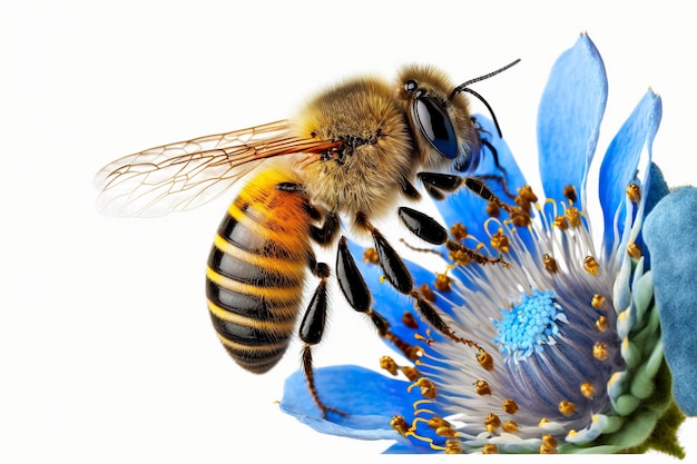 Foto de gele zwarte bij zit op de blauwe bijenbloem