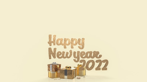 De gelukkig nieuwjaar tekst en gouden geschenkdoos voor zakelijke en vakantie concept 3D-rendering