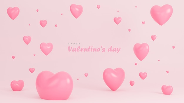 De gelukkige banner van de valentijnskaartdag met vele harten 3d voorwerpen op roze achtergrond.