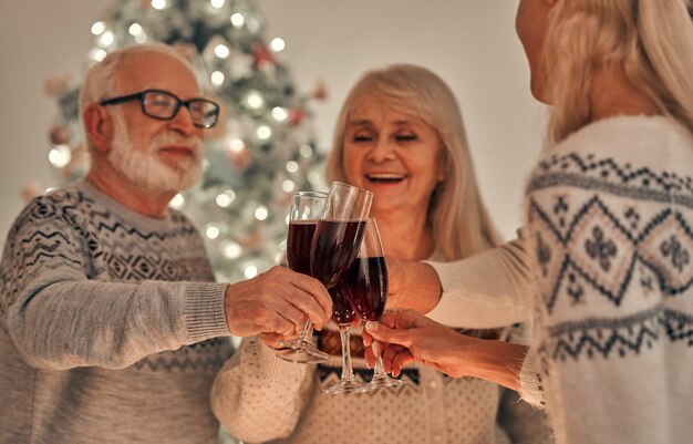 De gelukkige familie rammelt glazen wijn