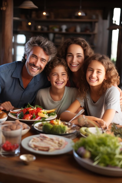 De gelukkige familie verzamelde zich hartverwarmend en vreugdevol rond de tafel