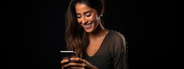 De gelukkige glimlachende jonge vrouw gebruikt haar telefoon op een gekleurde achtergrond