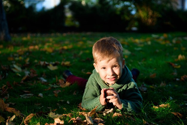 De gelukkige jongen geniet de herfst van park dat pretglimlach heeft