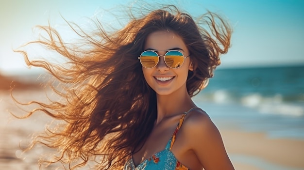 De gelukkige Mooie jonge vrouw smiilng op het strand