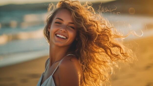 De gelukkige Mooie jonge vrouw smiilng op het strand