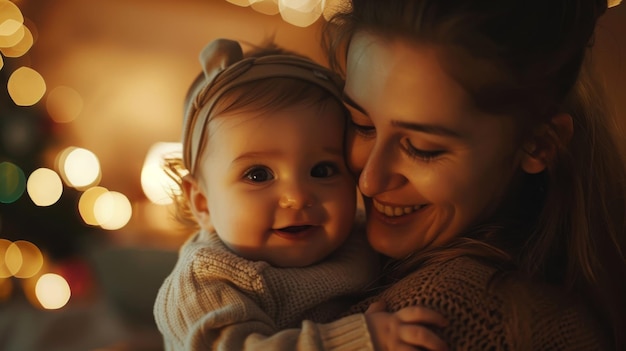 De gelukkige vrouw deelt een glimlach met de baby voor de kerstboom