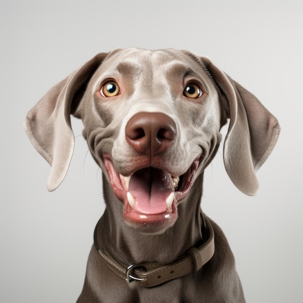 De gelukkige Weimaraner een beeldvolmaakte thuiskomst op een puur wit doek