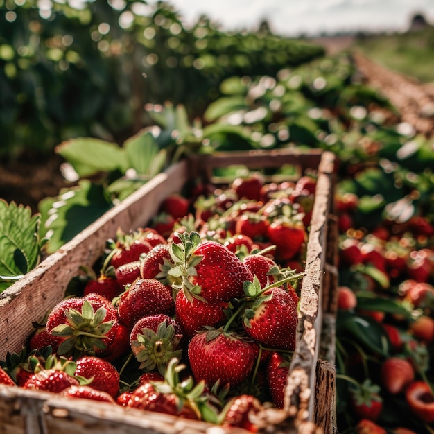 De geoogste oogst van rijpe verse aardbeien in een doos