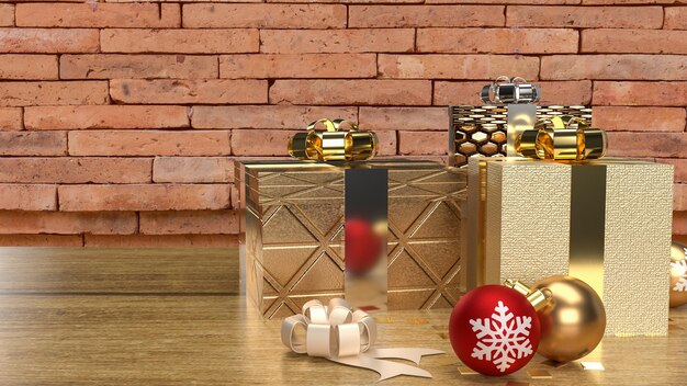 De geschenkdoos en de kerstbal op houten tafel voor het 3D-rendering van het vieringsconcept