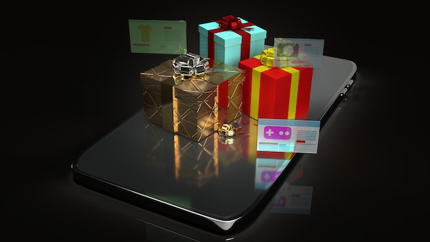 De geschenkdozen op slimme telefoon voor het online winkelen inhoud 3D-rendering