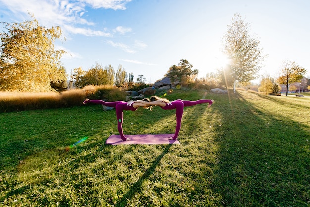 Foto de geschiktheidsgroep die yoga in park doen stelt boom. training.