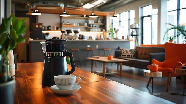 De geur van verse koffie vult de lucht van een gezellige koffieshop Een eenzame koffiekop en kop zitten op een houten tafel te wachten op de terugkeer van hun eigenaar