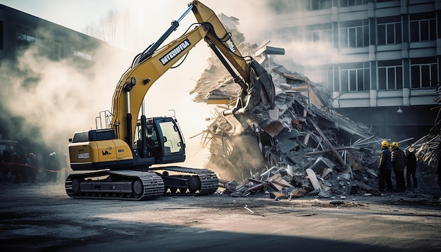 De gevel van het gebouw wordt gesloopt door machines die worden gesloopt