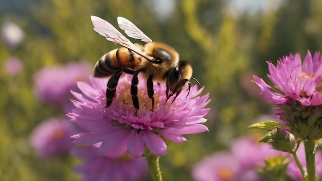 De gevleugelde bij vliegt langzaam naar de bijenhouder om nectar te verzamelen op een privé bijenstal van levende bloemen