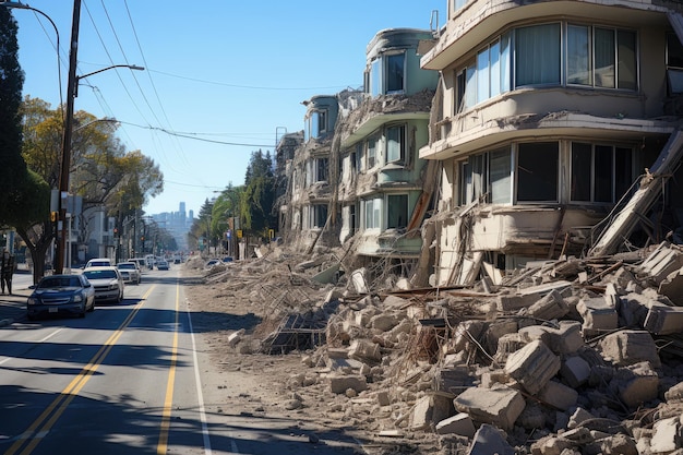 De gevolgen van de seismische activiteit zijn zichtbaar. De ingestorte gebouwen zijn gebarsten.