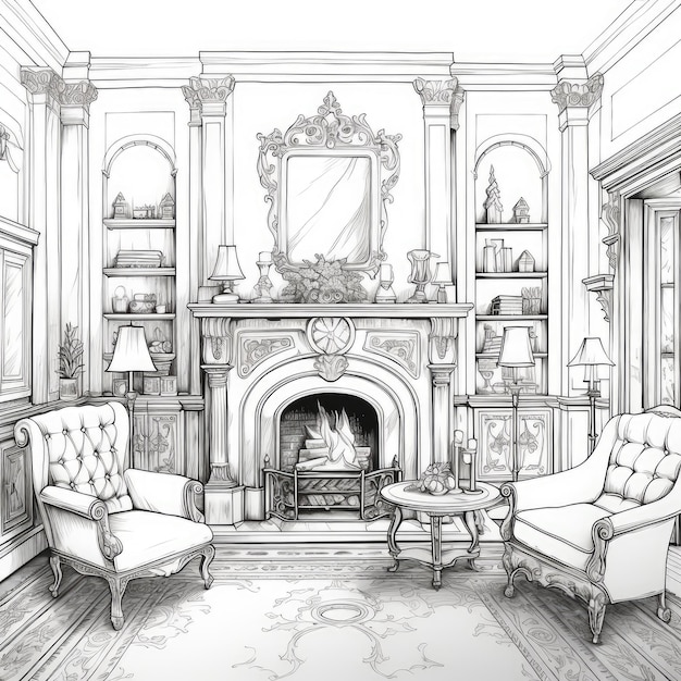 De gezellige Victoriaanse woonkamer Een kleurpagina met een Black Line Art open haard op een witte achtergrond