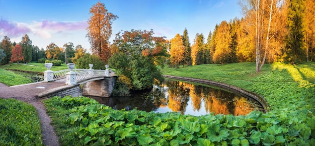 De gietijzeren brug over de rivier Slavyanka in Pavlovsk in St. Petersburg