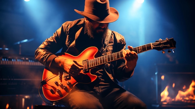 De gitarist speelt de akoestische gitaar op het podium tokkelende snaren