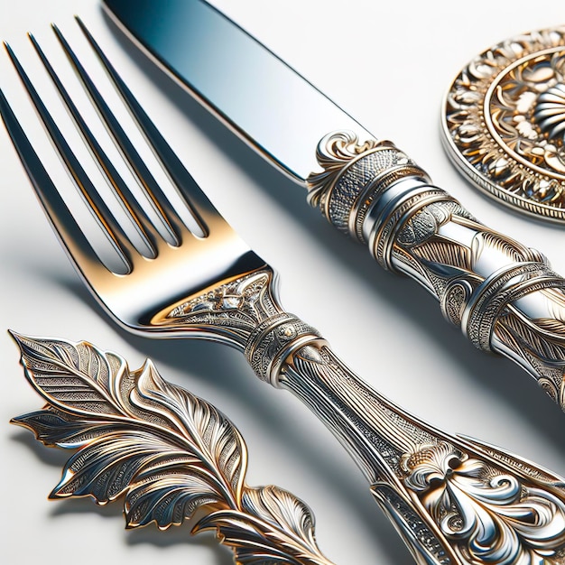 Foto de glanzende metalen vork en mes op een witte achtergrond