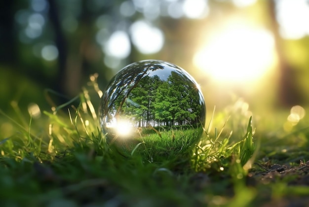 De glazen bal op het groene gras weerspiegelde de natuur landschap generatieve ai