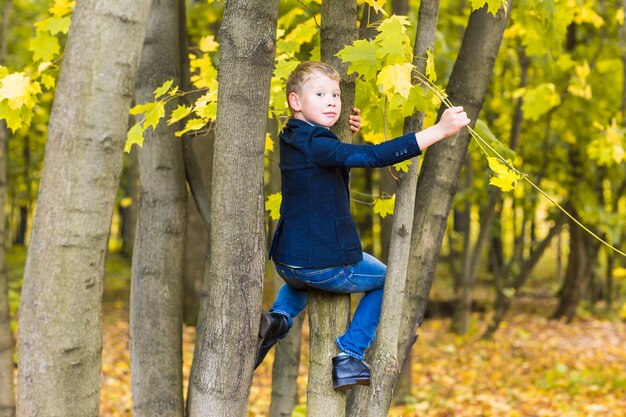 De glimlachende jongen klom in een boom in park