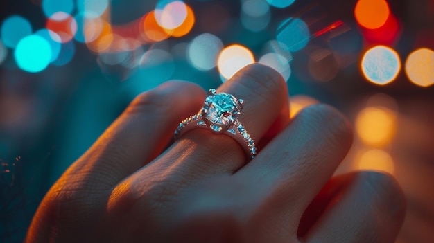 Foto de glinster van een diamanten verlovingsring op de hand van een vrouw die de lichten van de stad weerkaatst in een nog onduidelijke