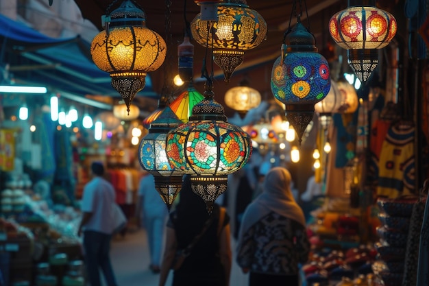 De gloed van lantaarns op een drukke Ramadan avondmarkt