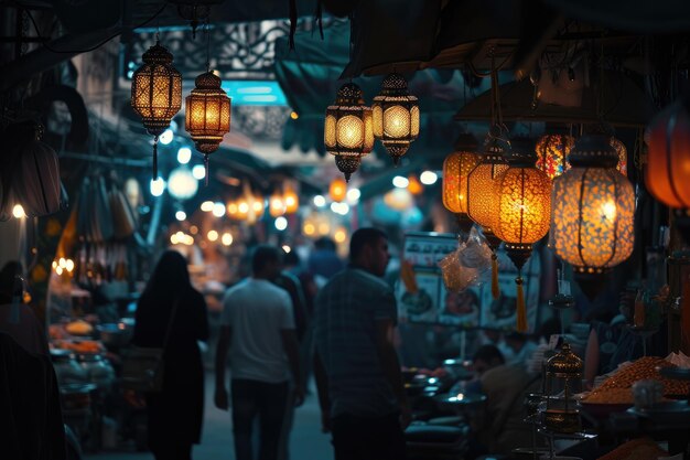 De gloed van lantaarns op een drukke Ramadan avondmarkt