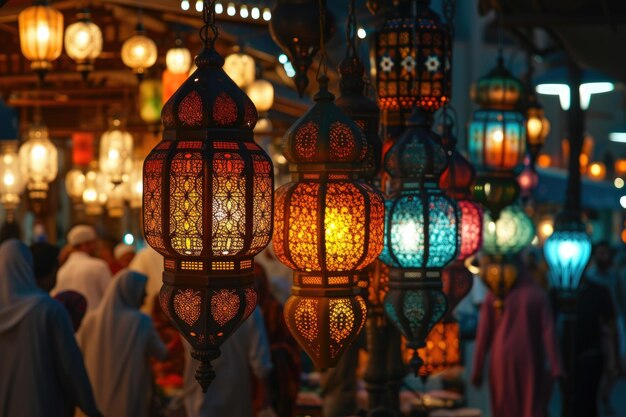 De gloed van lantaarns op een drukke Ramadan avondmarkt