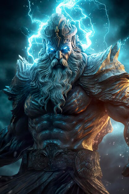 De goden van de zee Zeus god Necronomicon de goden der zee futuristische sci-fi elementen donker brons en licht azuur close-up AI Generative