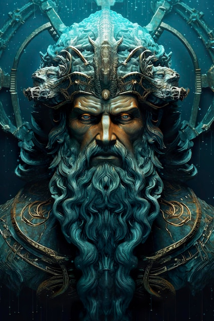 De goden van de zee Zeus-god Necronomicon-goden van de zee-god futuristische scifi-elementen donker brons en licht azuurblauw close-up AI Generatief