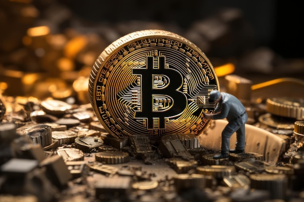 De Golden Cleanse Miniatuurman polijst een Bitcoin-munt in een goudmijn na het ontginnen van Generative AI